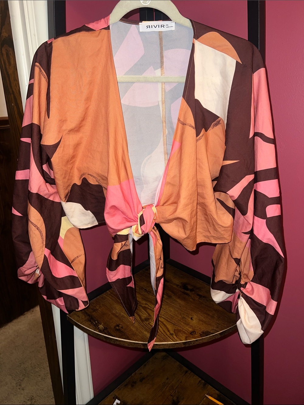RIVIR Abstract Tie-Front Blouse in Pink and Brown